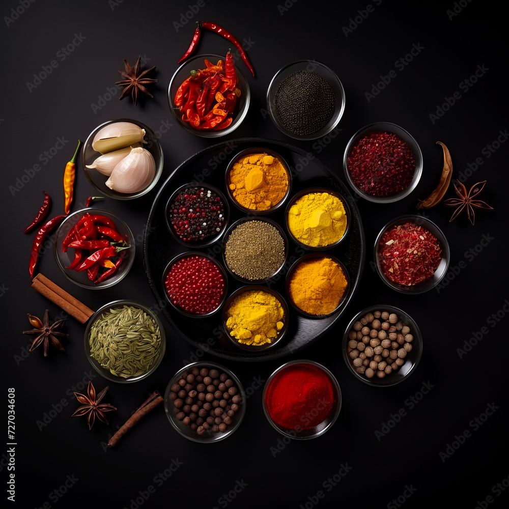 Various spices and herbs on black background Various spices and herbs on black background
