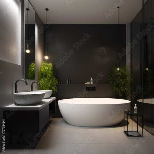 Modern black and white bathroom interior with freestanding boat-shaped tub double vanity lit by array of down lights wall-mounted sink and large view windows with tropical view. 3d rendering