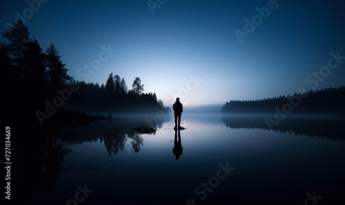 Man stands on log in the middle of lake at night