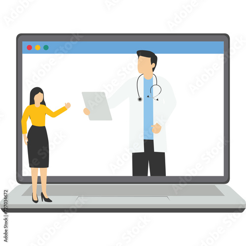 Doctor appointment. Online consultation. Modern healthcare technologies. Hospital. Young female character talking with doctor. Telemedicine, consultation, therapy, pharmacy. App, messenger.

