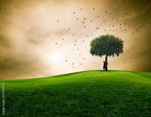 Baum in einer Landschaft mit Silhouette einer Frau und auffliegenden Krähen