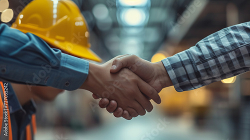 Engineers collaborating and celebrating their successful teamwork by shaking hands. This image represents the power of cooperation in achieving project goals and emphasizes the importance of