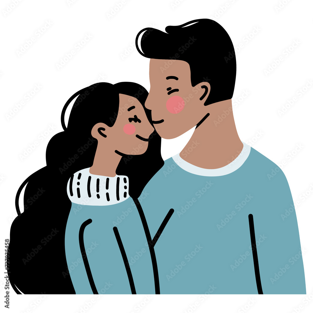 Cute, romantic couple smiling minimalistic illustration