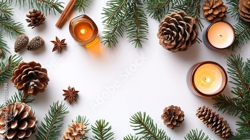 White backdrop and pine extract oil, cedar and spruce cones, and candles for an aroma diffuser, Generative AI.