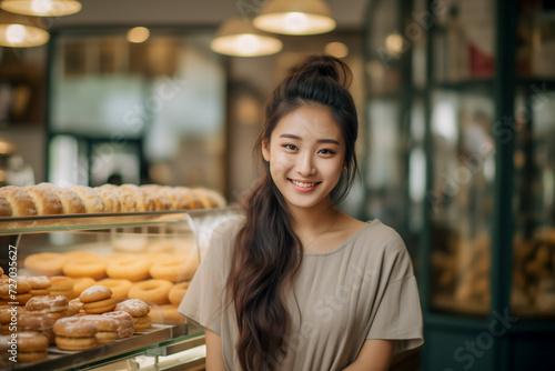 Young asian woman working in the bakery. Portrait of smiling pretty woman.