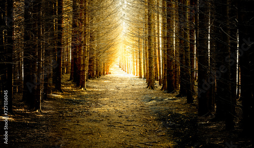 Waldweg in einem Tannenwald ins Licht