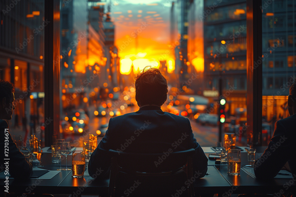Obraz premium The businessman sits in a glass-enclosed restaurant, illuminated by sunlight, overlooking the street, buildings, car headlights, and the sunset, accompanied by friends.