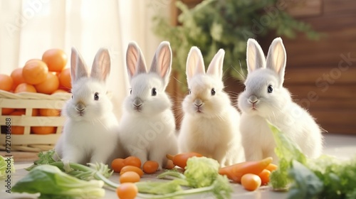 Group of Lovely bunny easter fluffy rabbit  Adorable baby rabbit eat carrot on white background. The Easter white creamy hares eat carrot  a concept for Easter. Close - up of a rabbit.