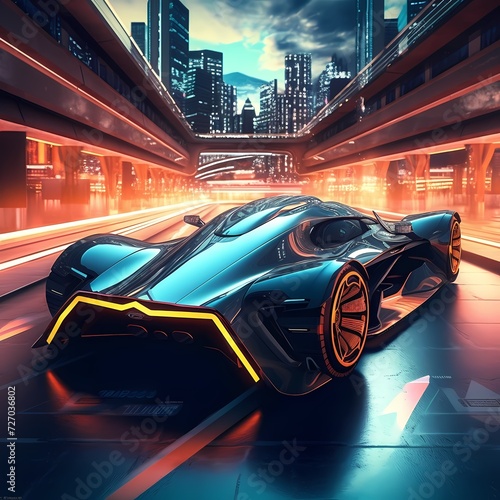 Futuristic Race Car in a Cyberpunk City