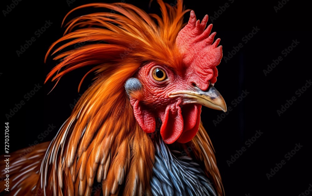 realistic photo of a beautiful orange feathered rooster. generative ai