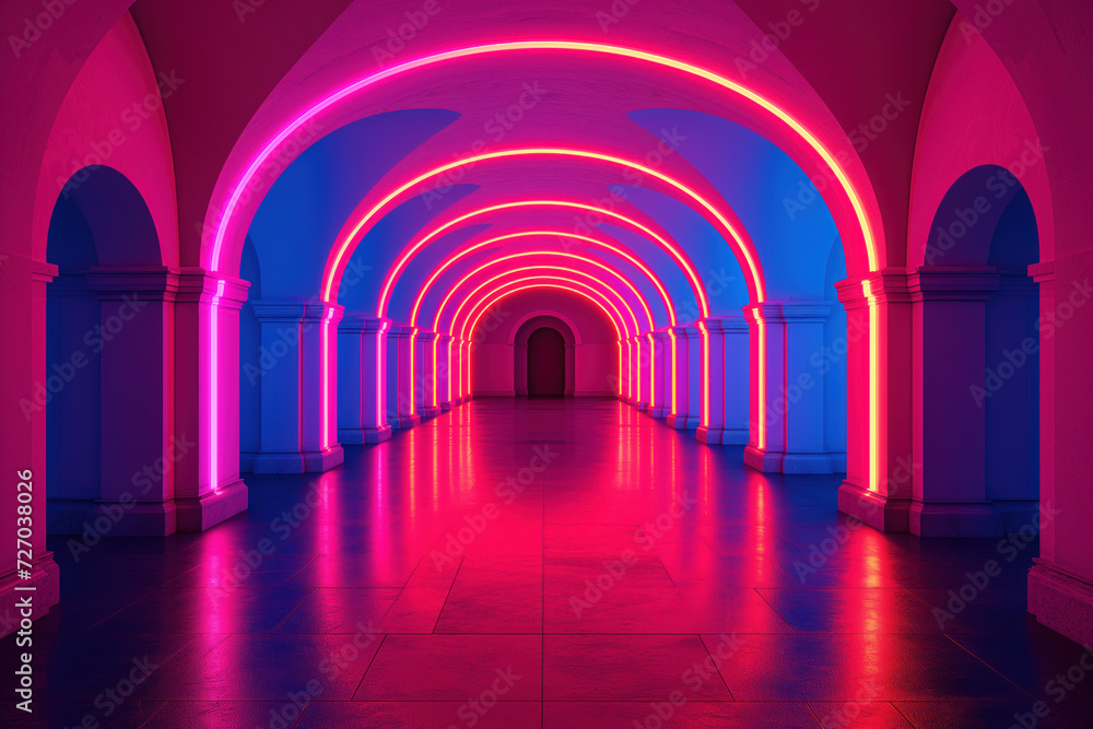 Arched corridor with red neon lights. Background image. Created with Generative AI technology
