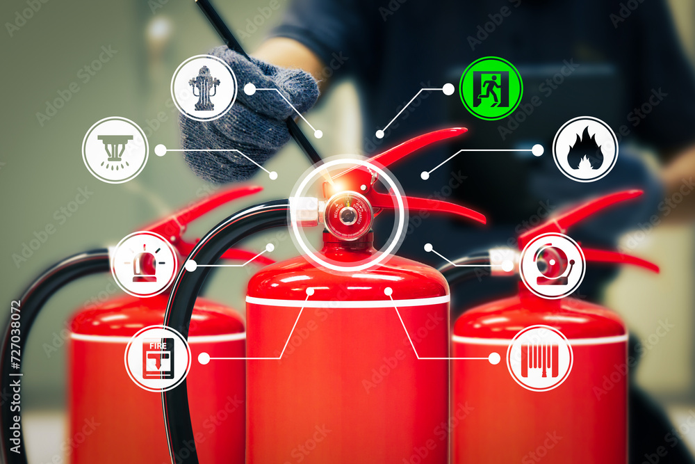 Fire extinguisher has engineer checking with fire protection icons ...