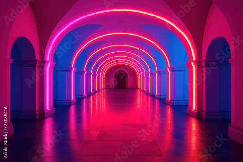 Arched corridor with red neon lights. Background image. Created with Generative AI technology