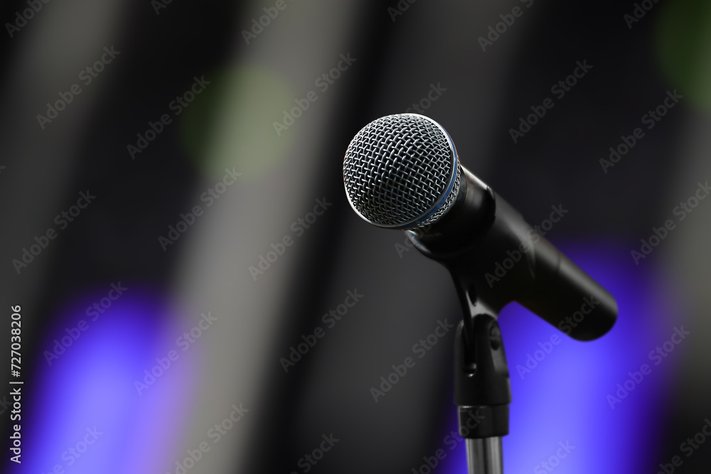 Microphone for press conference speaker report interview concepts or broadcasting public speaking speech presentation stage performance and reporter news with empty copy space background. Microphone for press conference speaker report interview concepts or broadcasting public speaking speech presentation stage performance and reporter news with empty copy space background.
