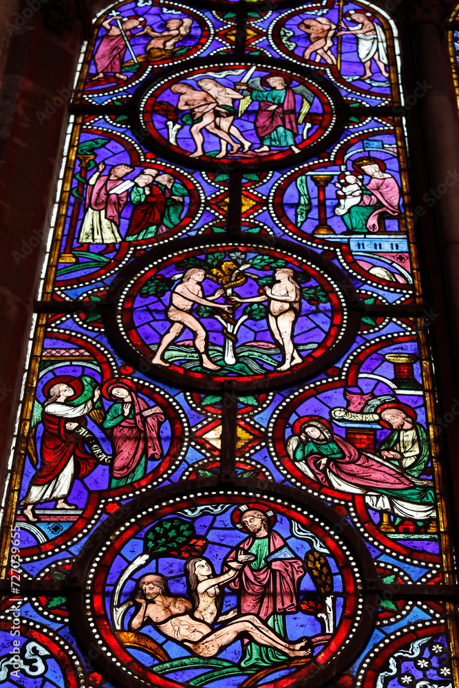 Saint Julien cathedral, Le Mans, France. Stained glass depicting scenes from Genesis