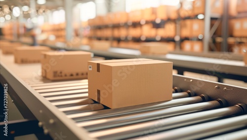 Cardboard box packages on moving conveyor belt in delivery warehouse, Logistics and transportation product distribution, copy space