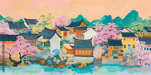 Chinese style landscape painting Jiangnan background illustration, spring village rural scene illustration © lin