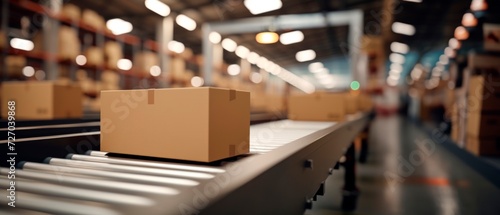Cardboard box packages on moving conveyor belt in delivery warehouse, Logistics and transportation product distribution, copy space