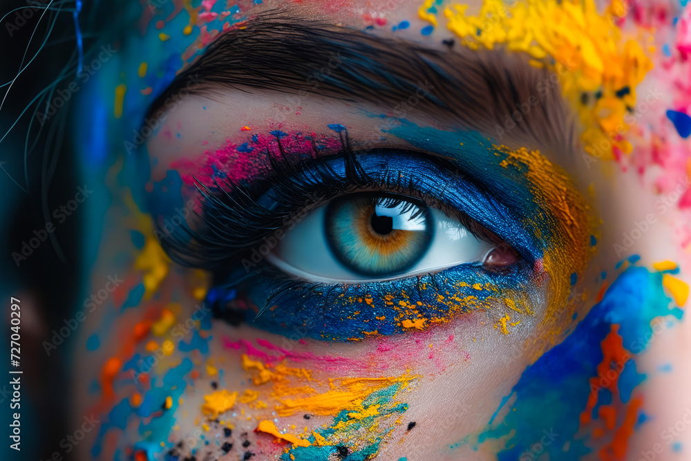 Close up of colorful eye with blue and green pigments.