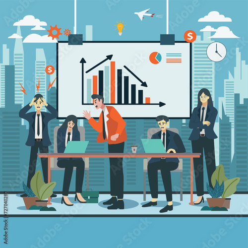 Flat design illustration bussinesman meeting in office with boss anggry to employed for low statistics