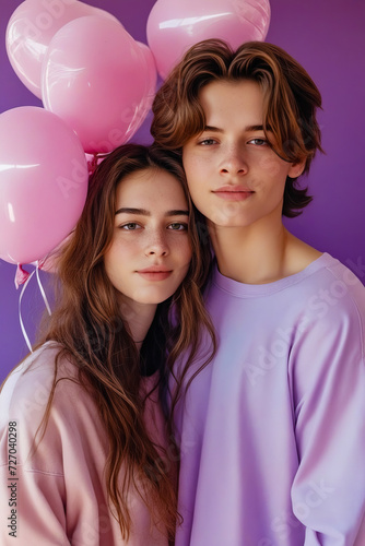Boy and girl stand next to each other holding balloons.