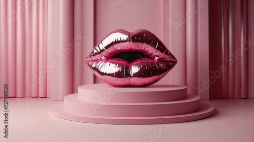 Close-up of a woman's pink latex lips with glitter on a pink podium with a pink background. The makeup and lip gloss are sexy and glamorous in detail. Generative AI