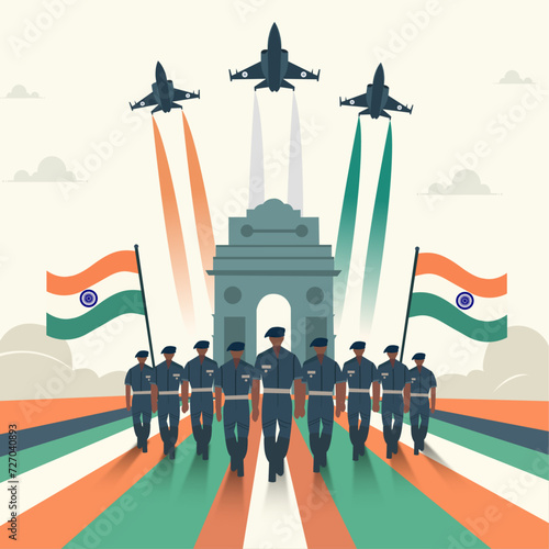 Indian soldiers walking down the parade in front of the India Gate