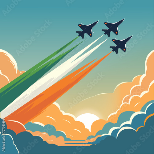 Indian airforce aeroplane in the sky leaving tricolored smoke trails