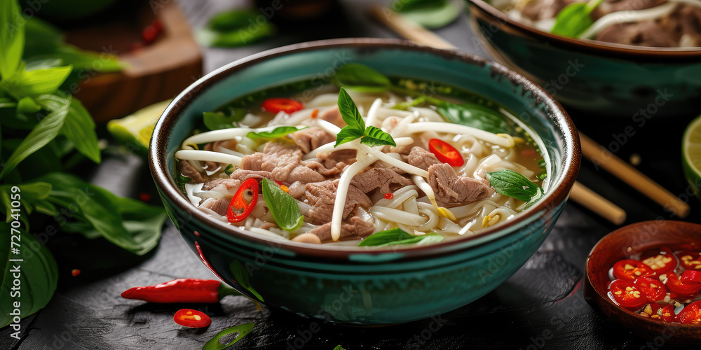 Aromatic Pho with Fresh Herbs and Chili. A steaming bowl of traditional Vietnamese Pho soup, adorned with basil leaves, chili slices, and vibrant greens. Aromatic Pho with Fresh Herbs and Chili. A steaming bowl of traditional Vietnamese Pho soup, adorned with basil leaves, chili slices, and vibrant greens.