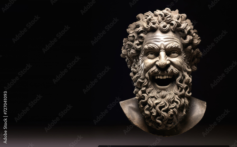 Statue of antique greek god with beard isolated on a black background. Copy space for text, advertising, message, logo
