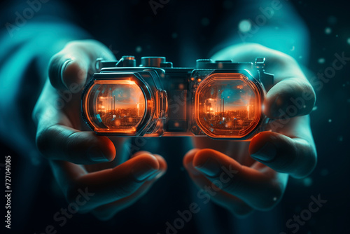 Primer plano de unas manos sujetando unas gafas futuristas con una imagen proyectada y luz azul y naranja photo