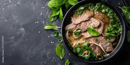 Aromatic Pho with Fresh Herbs and Chili. A steaming bowl of traditional Vietnamese Pho soup, adorned with basil leaves, chili slices, and vibrant greens, copy space.