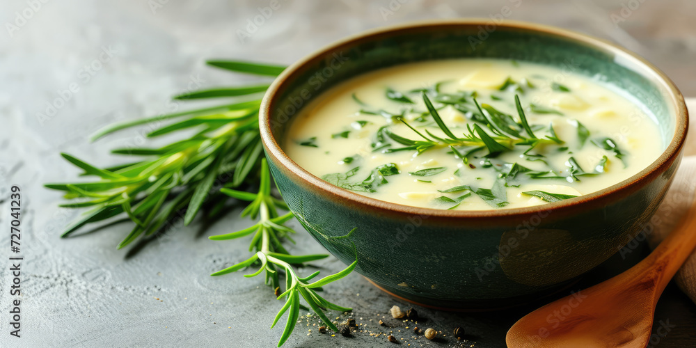 Creamy Avgolemono Soup with Lemon Slices. Greek avgolemono soup garnished with fresh lemon slices and parsley in a ceramic bowl, copy space. Creamy Avgolemono Soup with Lemon Slices. Greek avgolemono soup garnished with fresh lemon slices and parsley in a ceramic bowl, copy space.