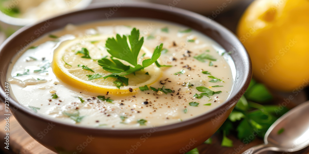 Creamy Avgolemono Soup with Lemon Slices. Greek avgolemono soup garnished with fresh lemon slices and parsley in a ceramic bowl. Creamy Avgolemono Soup with Lemon Slices. Greek avgolemono soup garnished with fresh lemon slices and parsley in a ceramic bowl.
