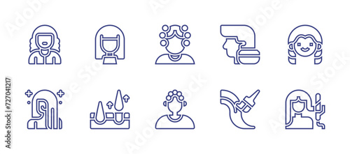 Hair line icon set. Editable stroke. Vector illustration. Containing hair dye, hair removal, hair treatment, girl, woman, curlers, beauty, curling iron, wig.