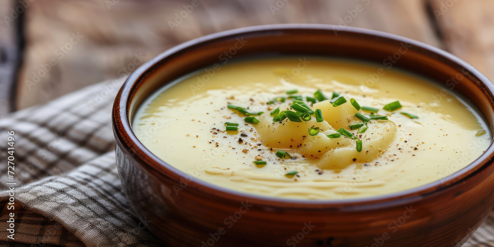 Creamy Potato Soup with Parsley Garnish. Velvety smooth potato puree soup in a bowl, delicately garnished with fresh parsley leaves and cracked black pepper.