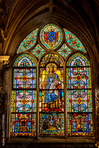 Saint-Germain-l'Auxerrois catholic church, Paris, France. Stained glass. Saint Louis