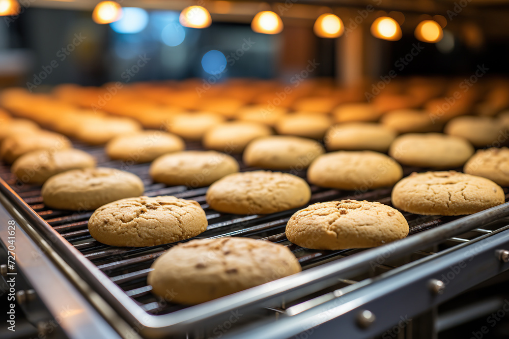 A close-up view of warm, freshly baked chocolate chip cookies moving along a conveyor belt in a modern industrial bakery setting. A close-up view of warm, freshly baked chocolate chip cookies moving along a conveyor belt in a modern industrial bakery setting.
