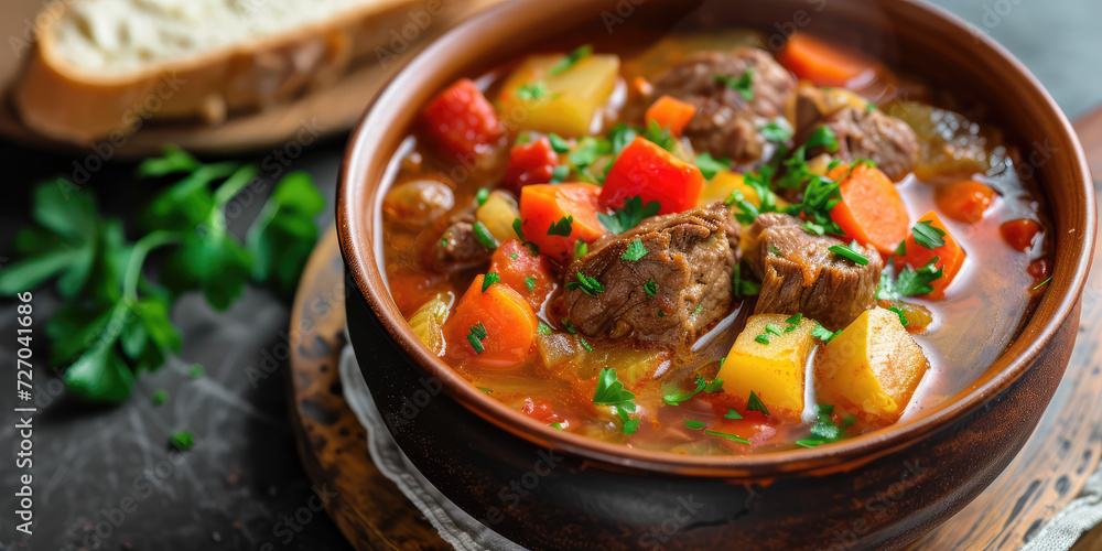 Hearty Goulash Soup in Ceramic Bowl. Savory goulash with tender beef and carrots, garnished with fresh thyme, served in a stylish ceramic bowl, copy space.