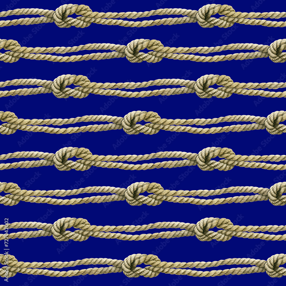 Seamless pattern of rope cords with knots. Hand drawn illustration. Nautical thread whipcord with loop and noose. Hand painted watercolor on navy background. For Print, wrapping, crafting. Seamless pattern of rope cords with knots. Hand drawn illustration. Nautical thread whipcord with loop and noose. Hand painted watercolor on navy background. For Print, wrapping, crafting.