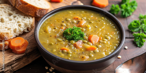 Homemade Split Pea Soup with Fresh Herbs. Vibrant split pea soup garnished with chopped herbs and freshly ground pepper, served in a bowl, copy space.