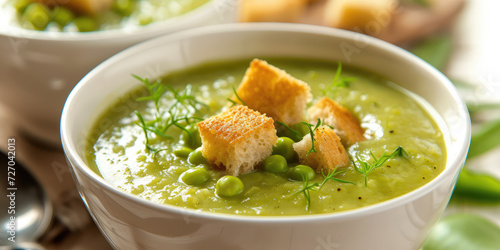 Homemade Split Pea Soup with Fresh Herbs. Vibrant split pea soup garnished with chopped herbs and freshly ground pepper, served in a bowl.