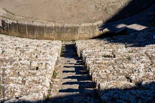 Roman theater steps of the ancient Roman town of Djemila in Setif, Algeria. UNESCO World Heritage Site.