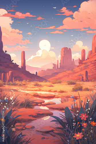 Vast desert desert sunset scenery, desert travel adventure scene illustration