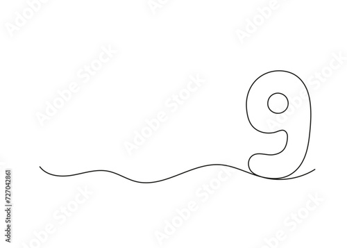 Fototapeta Naklejka Na Ścianę i Meble -  Number nine, continuous one line drawing. Black hand drawn single minimalist line isolated number. Vector line figure