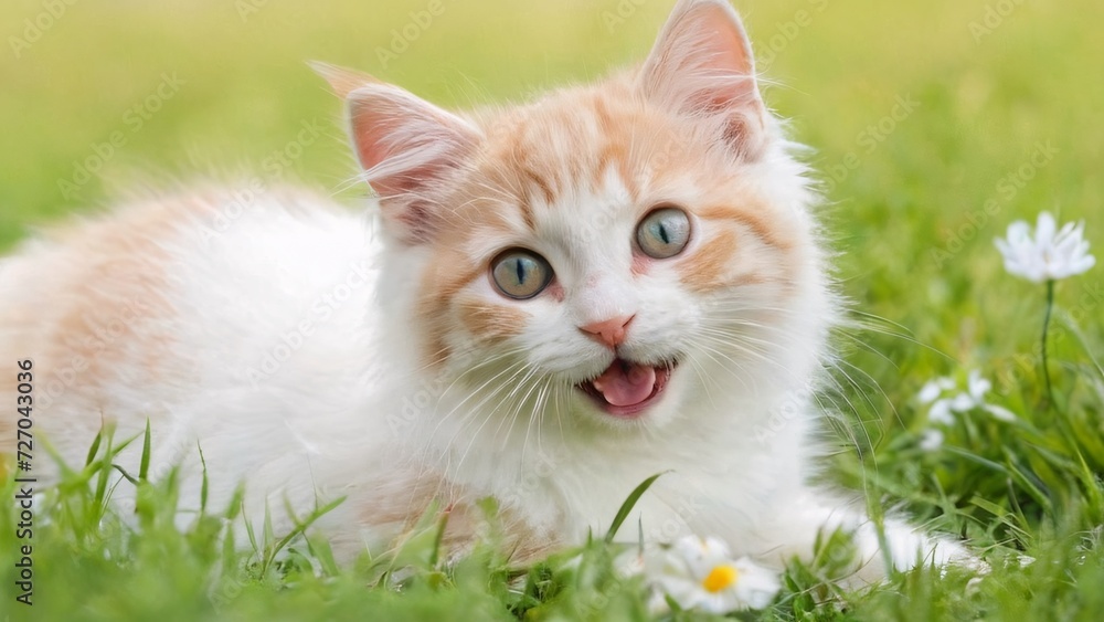 Spectacularly cute cat in a beautiful spring scene; wonderful flowers in a meadow.