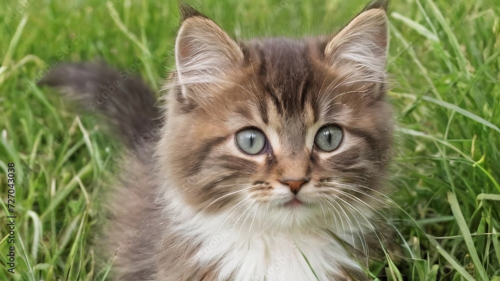 Adorable kitty in a summer meadow; sweet grass and flowers on a green background.