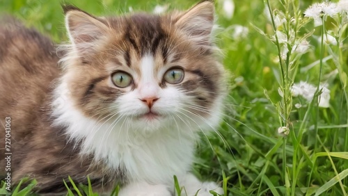 Pretty kitten in a meadow  sweet nature and a spectacularly cute background.