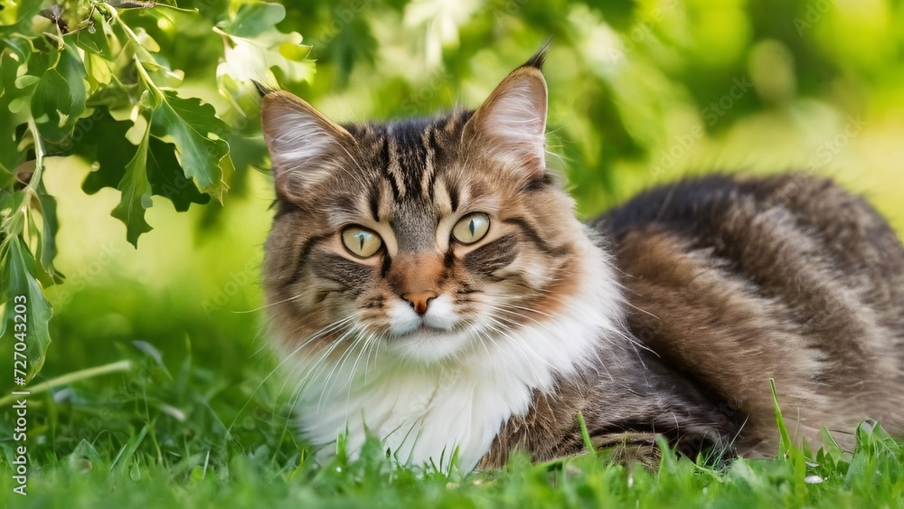 Fototapeta premium Spectacularly cute cat on a beautiful spring lawn; adorable flowers in a meadow.