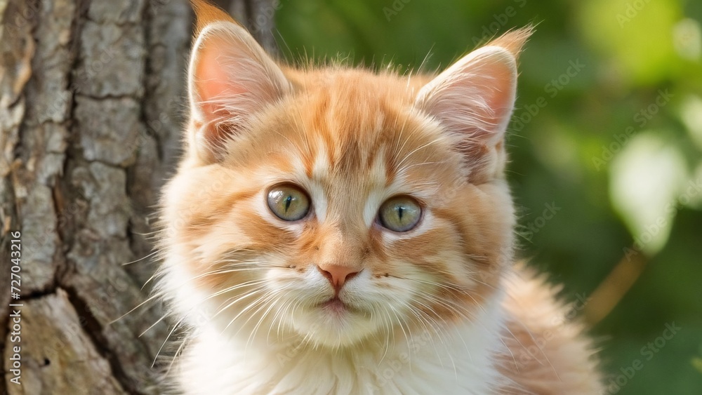 Cute cat in a green meadow; sweet flowers create a pretty spring wallpaper.